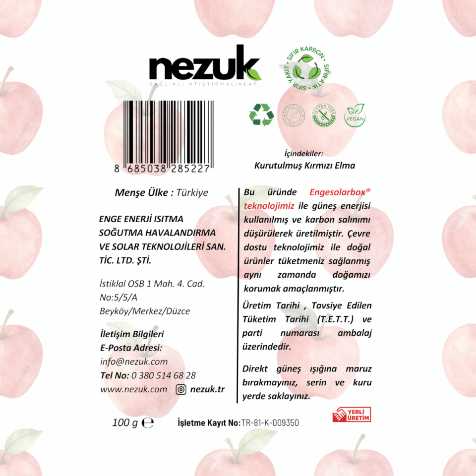 Nezuk Kurutulmuş Doğal Kırmızı Elma 100g
