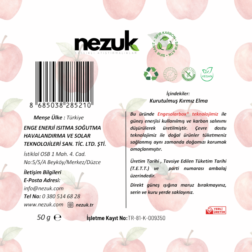 Nezuk Kurutulmuş Doğal Kırmızı Elma 50g