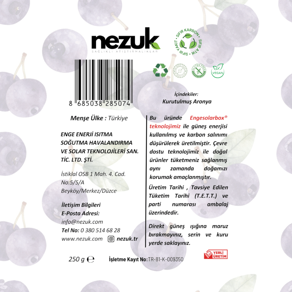 Nezuk Kurutulmuş Doğal Aronya 250g