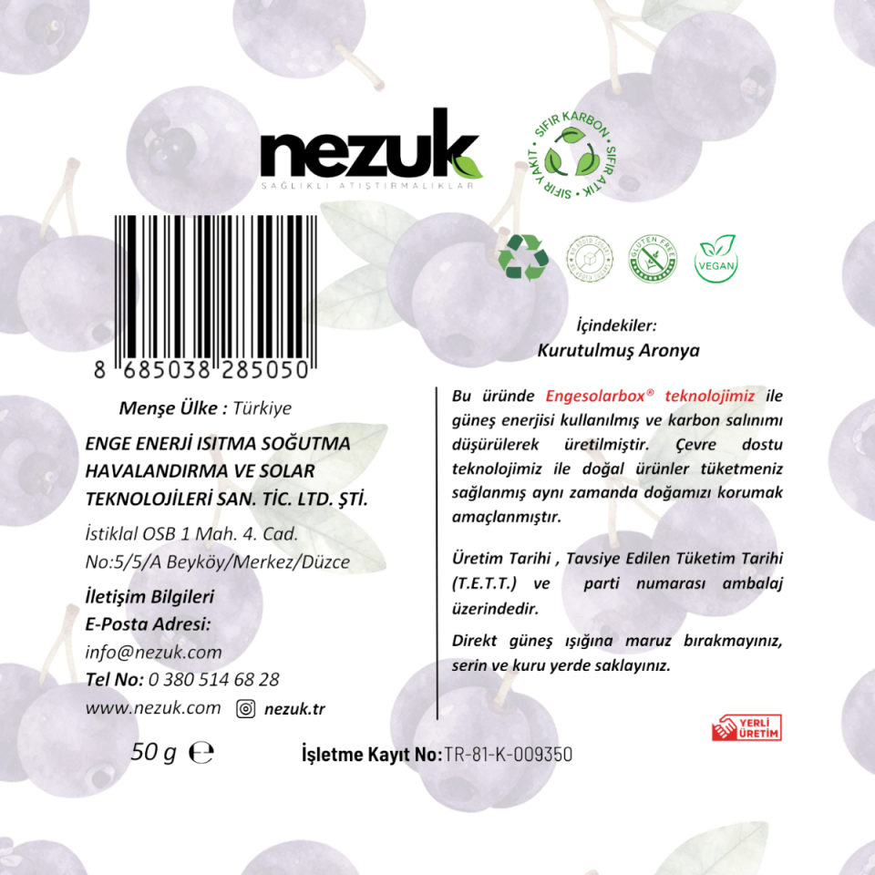 Nezuk Kurutulmuş Doğal Aronya 50g