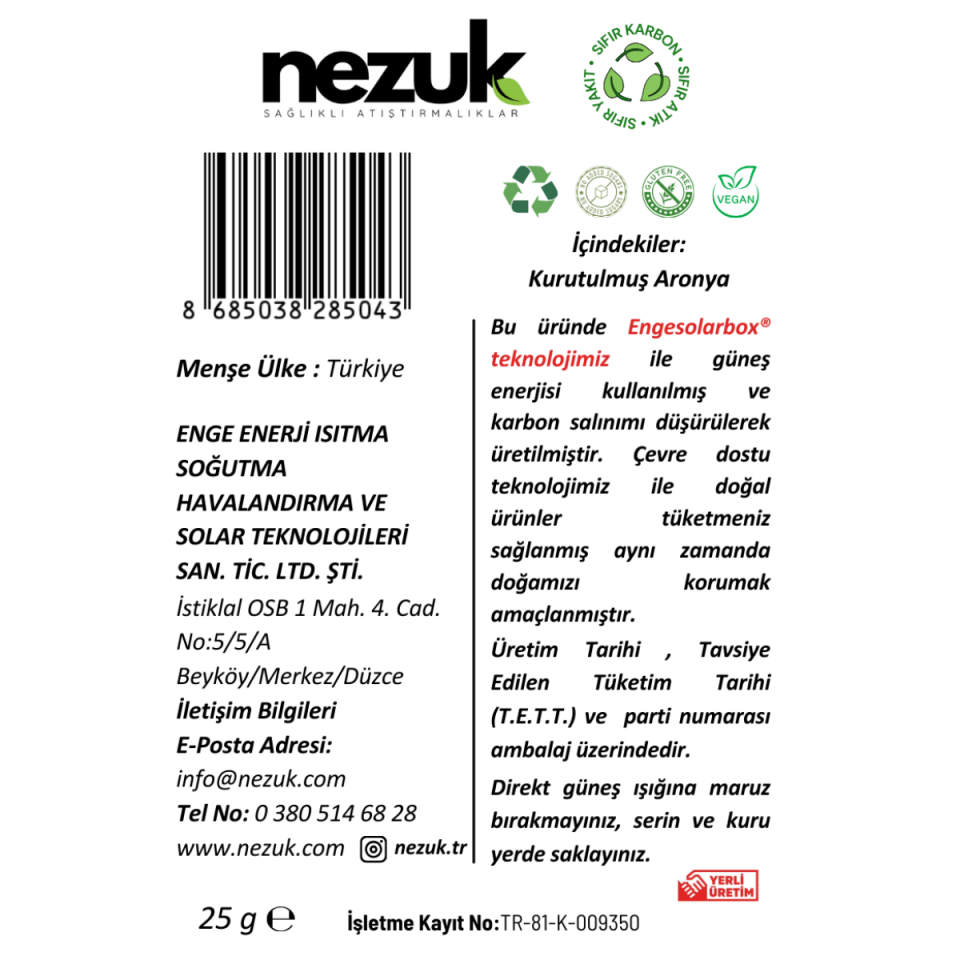 Nezuk Kurutulmuş Doğal Aronya 25g
