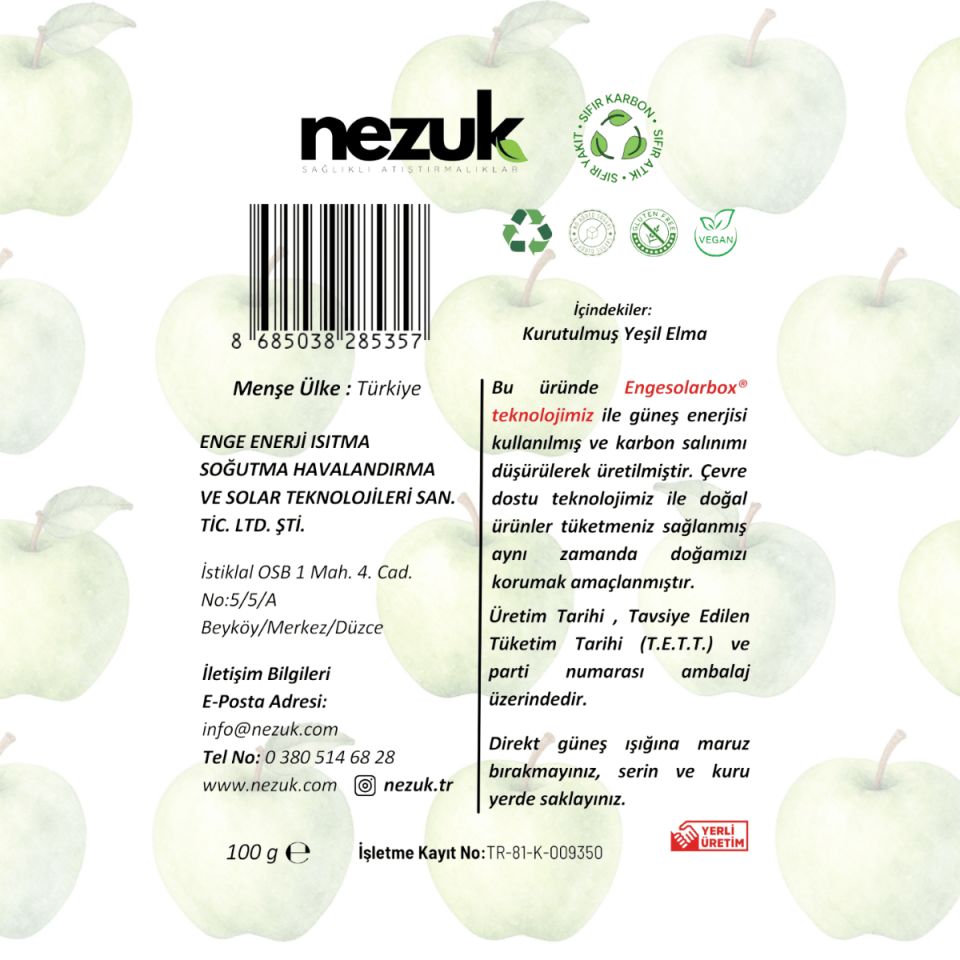 Nezuk Kurutulmuş Doğal Yeşil Elma 100g