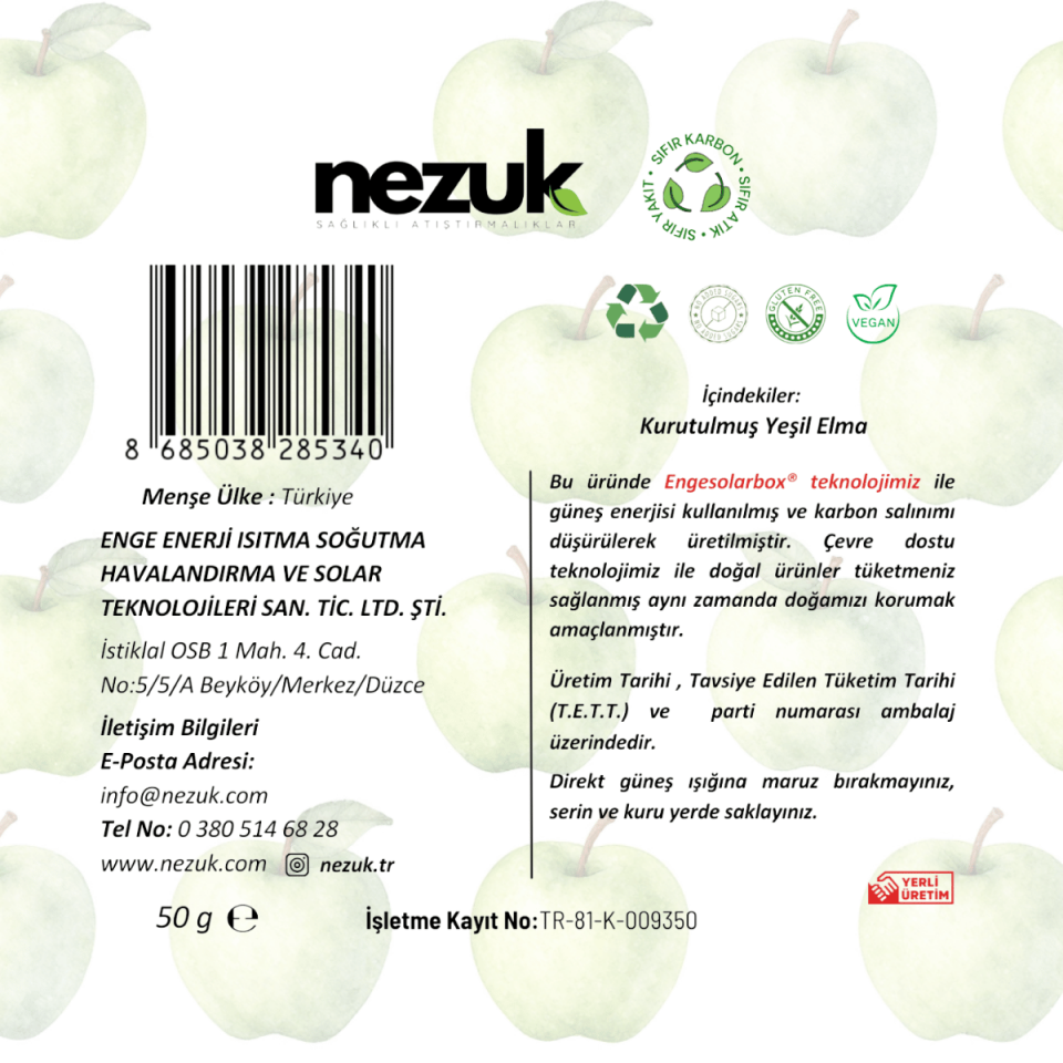 Nezuk Kurutulmuş Doğal Yeşil Elma 50g