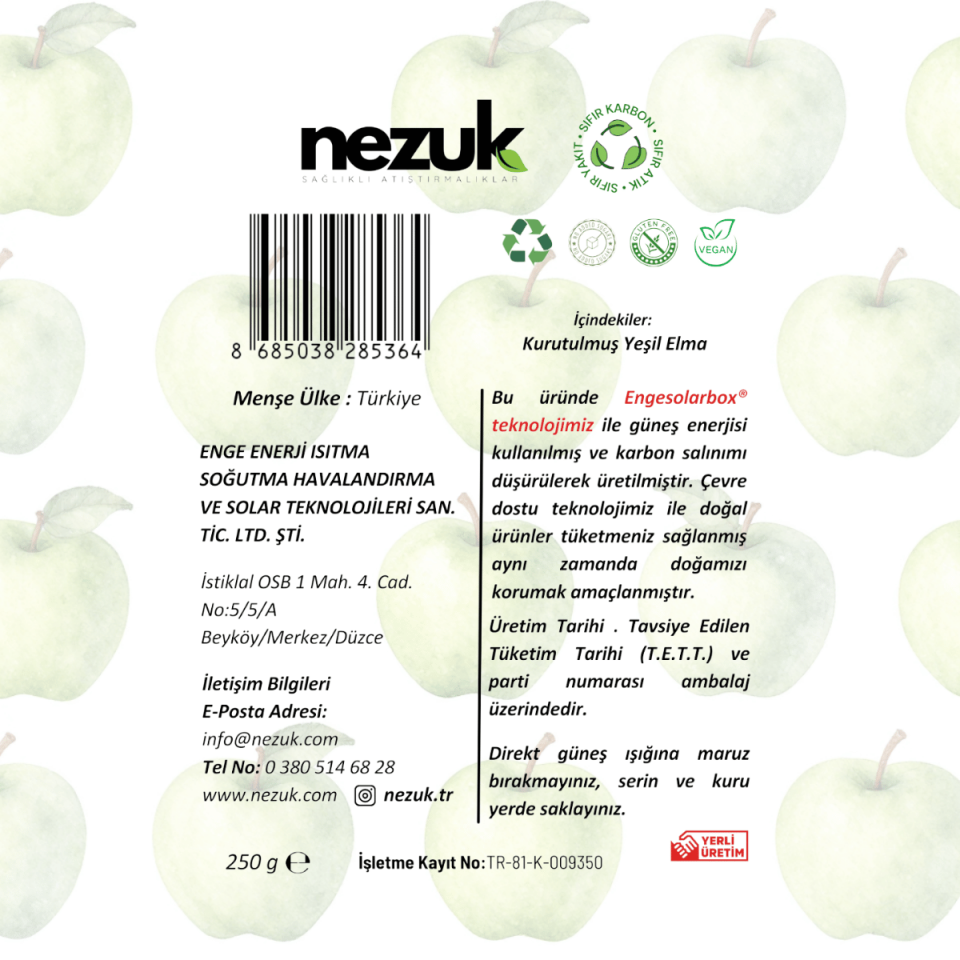 Nezuk Kurutulmuş Doğal Yeşil Elma 250g