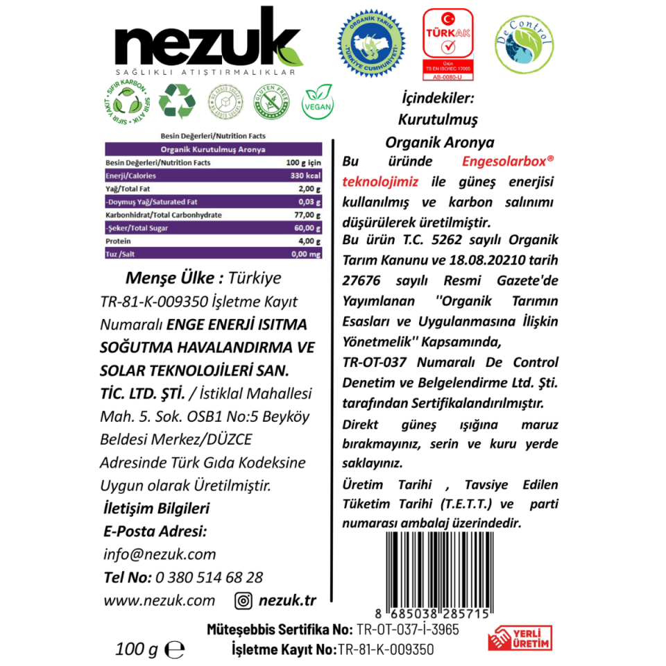 Nezuk Kurutulmuş Organik Aronya