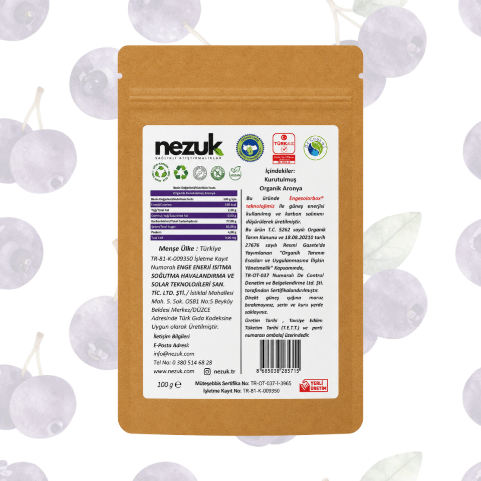Nezuk Kurutulmuş Organik Aronya 100g