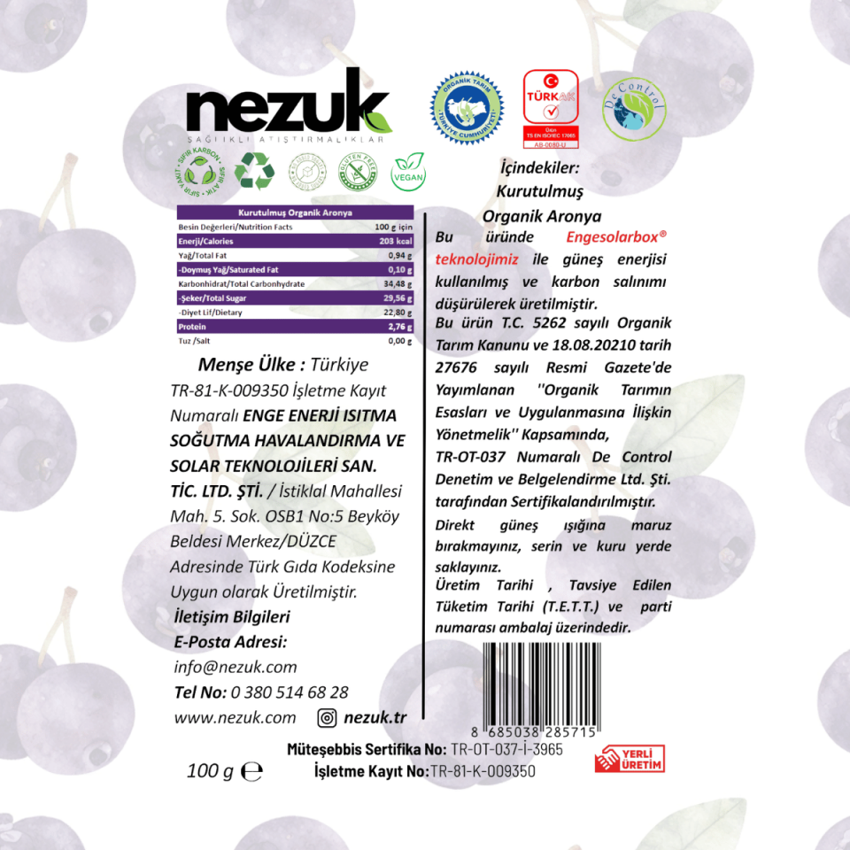 Nezuk Kurutulmuş Organik Aronya 100g