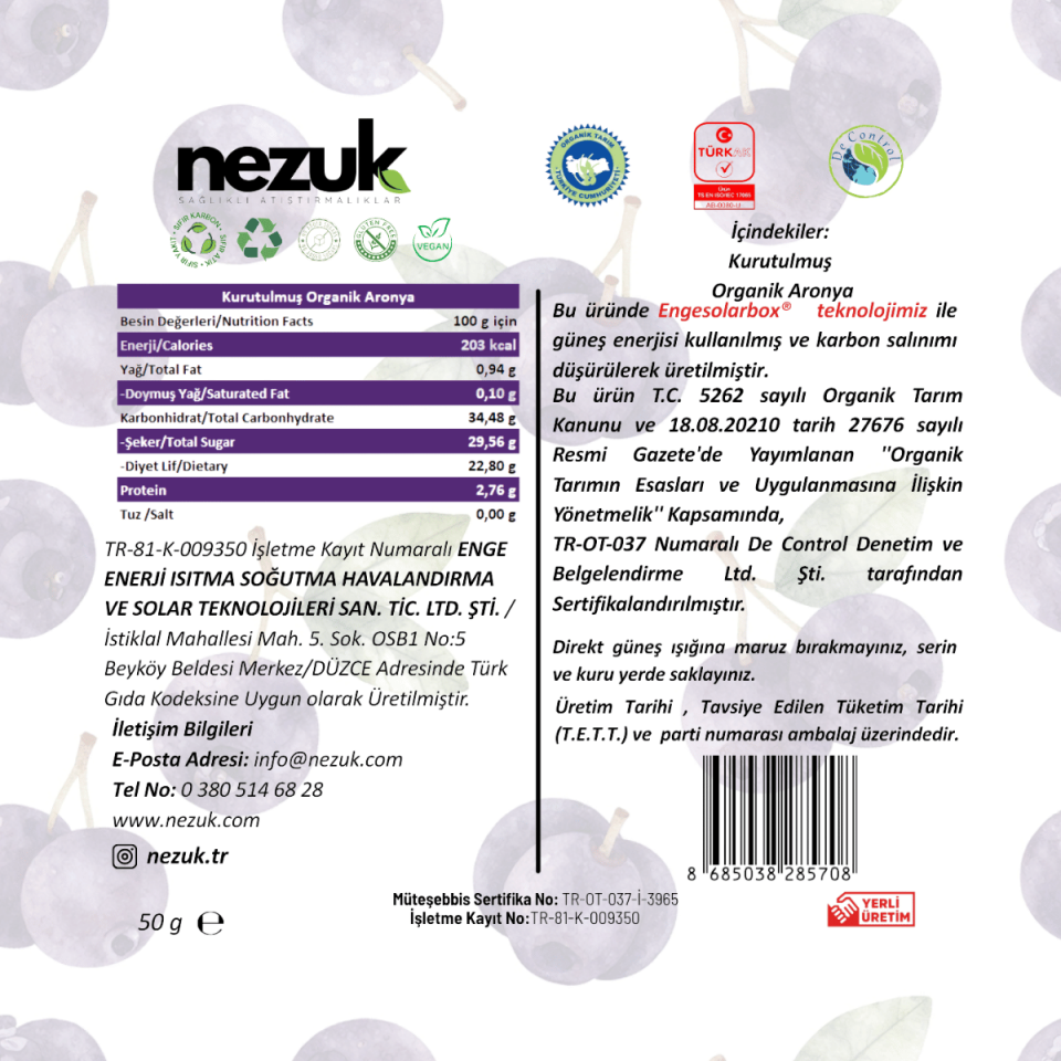 Nezuk Kurutulmuş Organik Aronya 50g