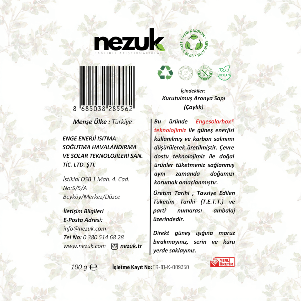 Nezuk Kurutulmuş Doğal Aronya Sapı (Çaylık)
