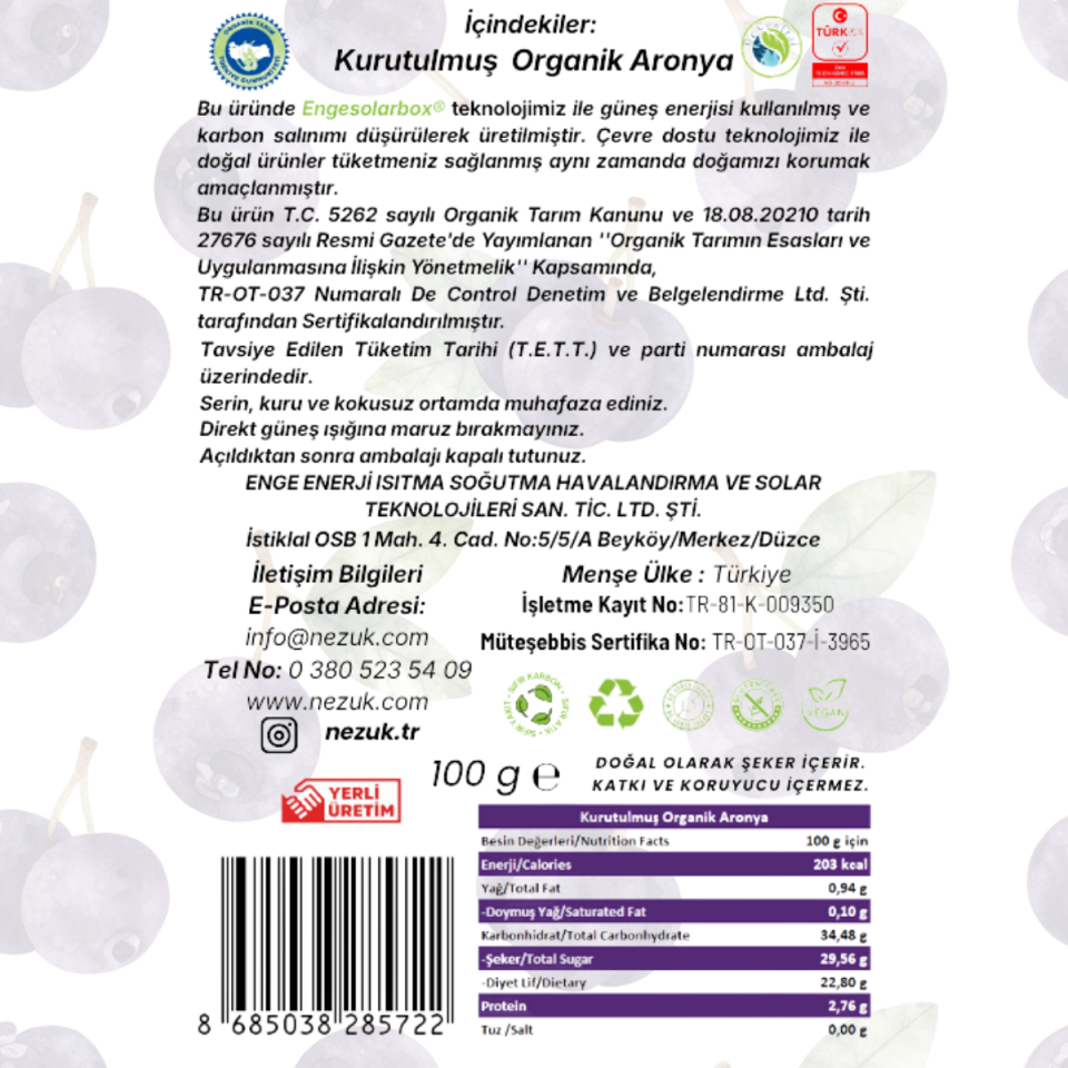 Nezuk Kurutulmuş Organik Aronya-PET 100g