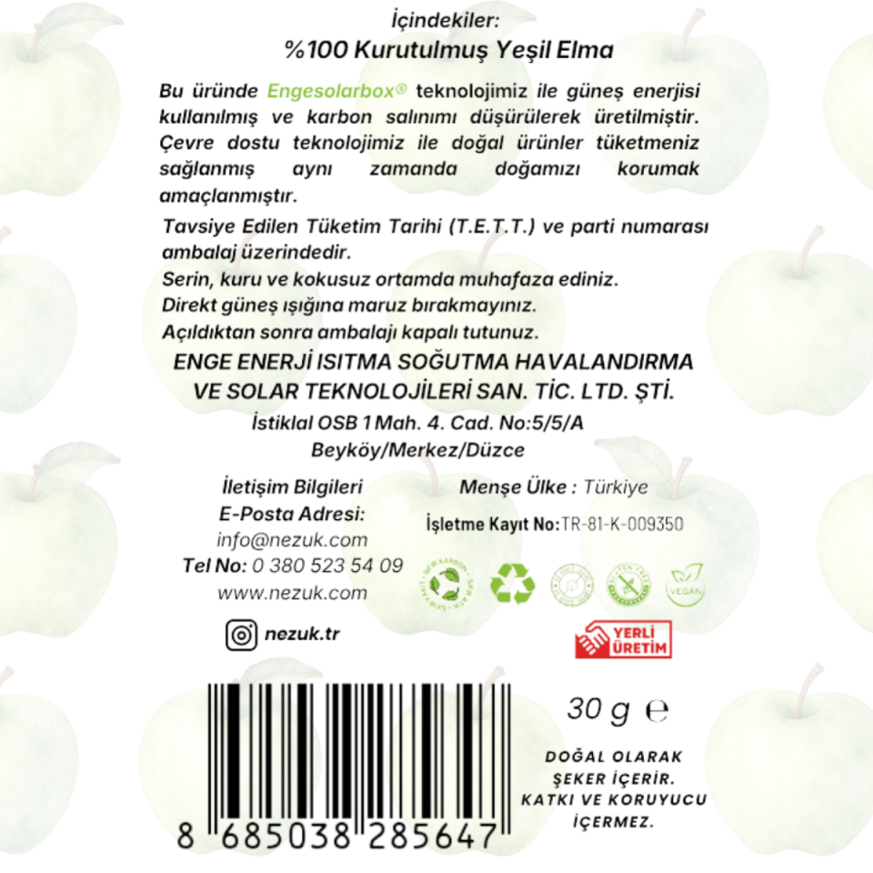 Nezuk Kurutulmuş Doğal Yeşil Elma-PET 30g